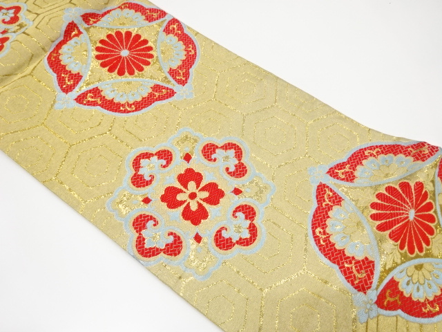 アンティーク　華紋に七宝模様織り出し袋帯（着用可）